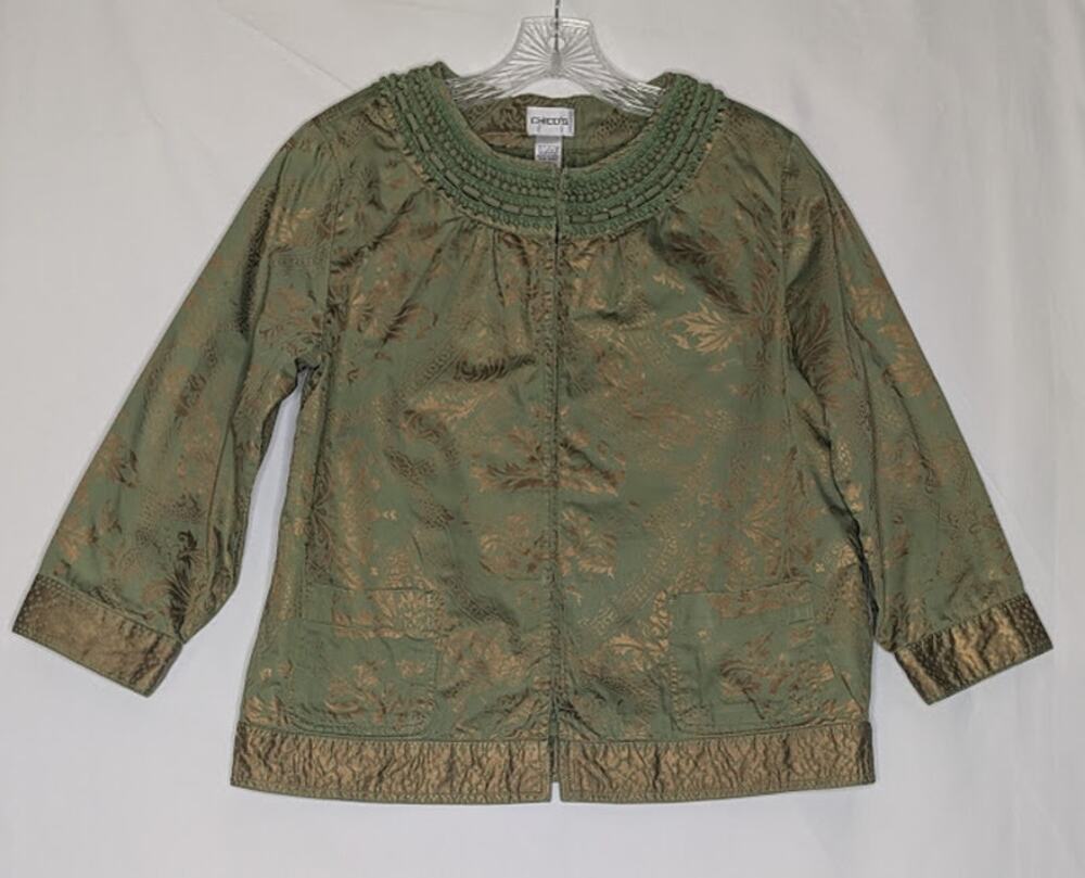 CHICO'S women size Medium Persian Luster Zariah Green Gold Jacket Royalty Regal